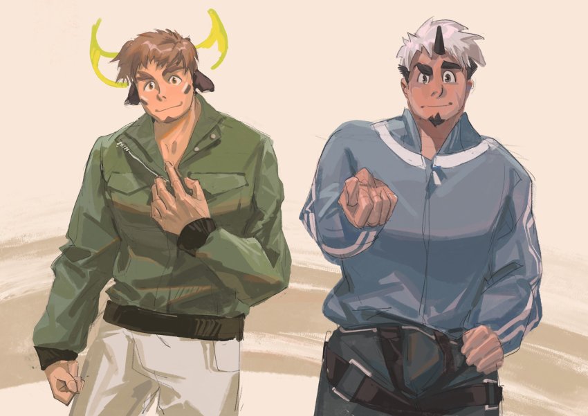 2boys, akiha_gongen_(housamo), animal_ears, bandaid, bandaid_on_face, bandaid_on_nose, bara, brown_eyes