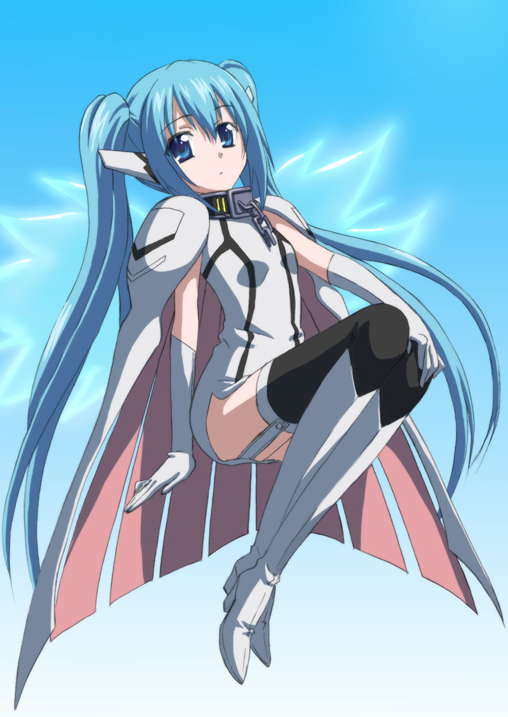 00s, 1girl, blue_eyes, blue_hair, bodysuit, boots, cape, chain, collar, elbow_gloves, female_focus, flying, garter_straps, gloves, high_heel_boots, high_heels, knee_boots, long_hair, looking_at_viewer, matching_hair/eyes, nymph_(sora_no_otoshimono), ootaka_narumi, robot_ears, solo, sora_no_otoshimono, thighhighs, twintails, very_long_hair, white_gloves, wings