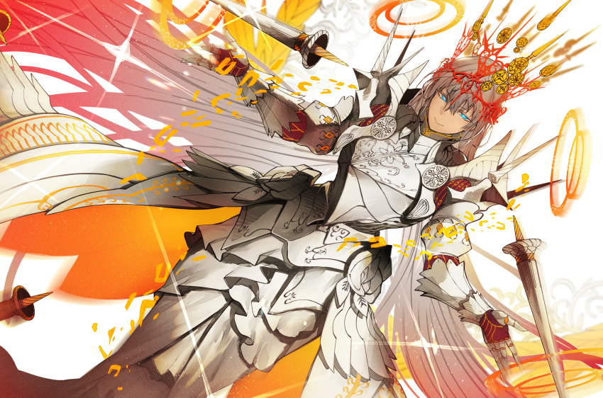 1girl, absurdres, armor, armored_dress, blue_eyes, breasts, crown, dark-skinned_female, dark_skin, dress, fate/grand_order, fate_(series), grey_hair, highres, large_breasts, long_hair, looking_at_viewer, nishiide_kengorou, smile, solo, thighs, white_dress, zenobia_(authentic_triumph)_(fate), zenobia_(fate)