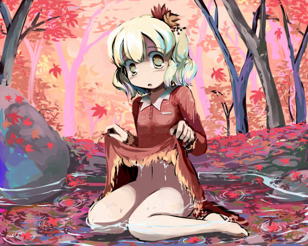 1girl, aki_shizuha, barefoot, clothes_lift, collared_dress, dress, dress_lift, female_focus