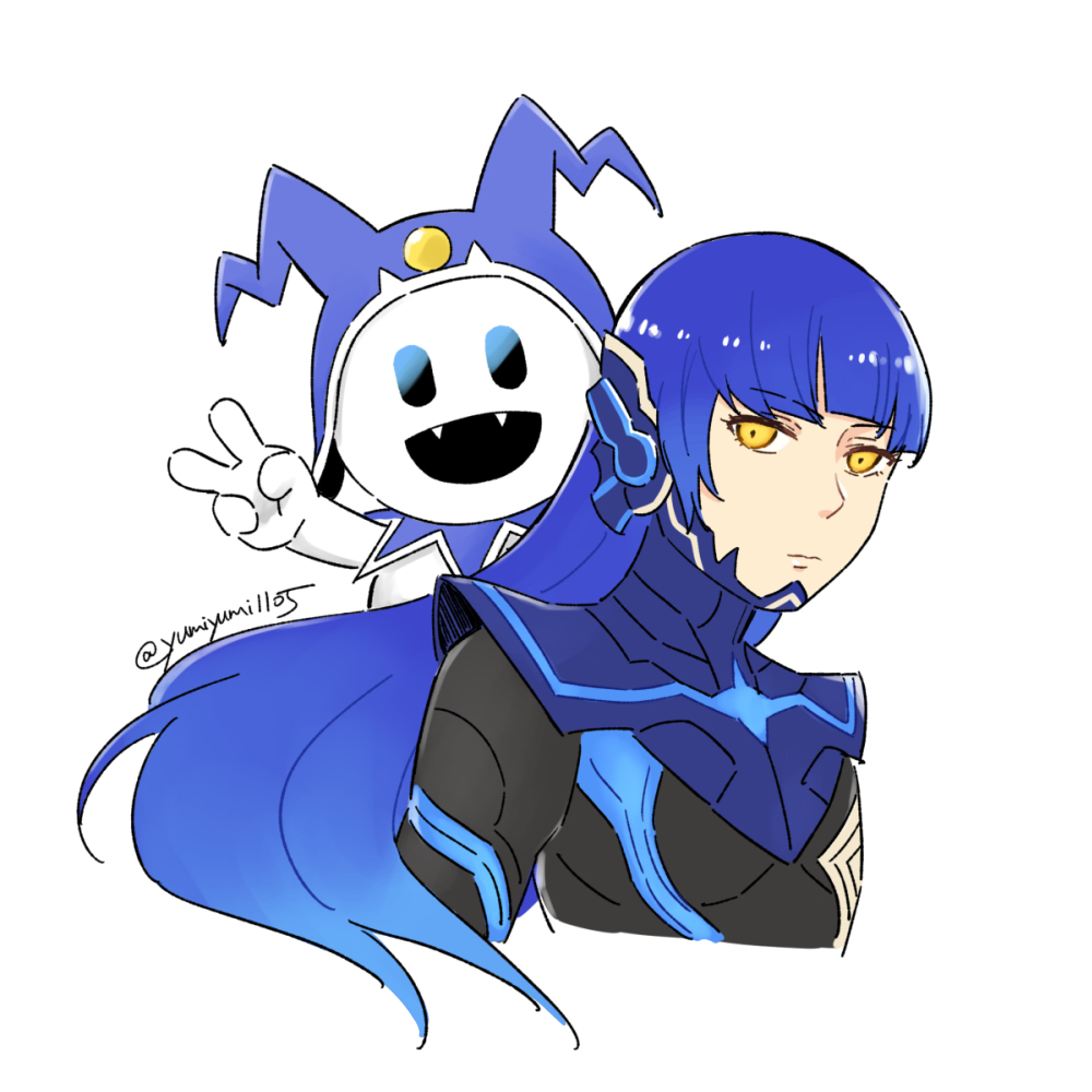 1boy, androgynous, bodysuit, collarbone, eyelashes, jack_frost_(megami_tensei), long_hair, looking_at_viewer