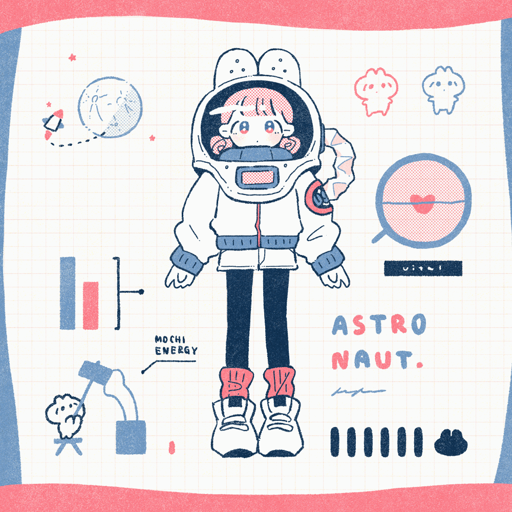 1girl, animal_ear_helmet, animal_ears, animal_helmet, animated, animated_gif, arms_at_sides, astronaut, black_pantyhose, blunt_bangs, border, cardiogram, closed_mouth, creature, dot_mouth, dotted_line, double_bun, english_text, expressionless, facing_away, fake_animal_ears, feet_together, film_grain, from_behind, from_side, full_body, full_moon, fusion, hair_bun, halftone, heart, helmet, holding, holding_mallet, jacket, keke_(kotowari), kine, limited_palette, long_sleeves, looking_at_viewer, low_twintails, mallet, mitosis, mochitsuki, moon, mortar_(bowl), multicolored_border, no_nose, original, oxygen_tank, pantyhose, pantyhose_under_shorts, patch, pestle, pink_eyes, pink_hair, pink_pantyhose, profile, puffy_long_sleeves, puffy_sleeves, rabbit, rabbit_ears, rocket, shoes, short_hair, shorts, signature, sleeve_cuffs, sneakers, socks, socks_over_pantyhose, space_helmet, spinning, standing, star_(symbol), stool, straight-on, tareme, twintails, white_background, white_footwear, white_jacket, white_shorts