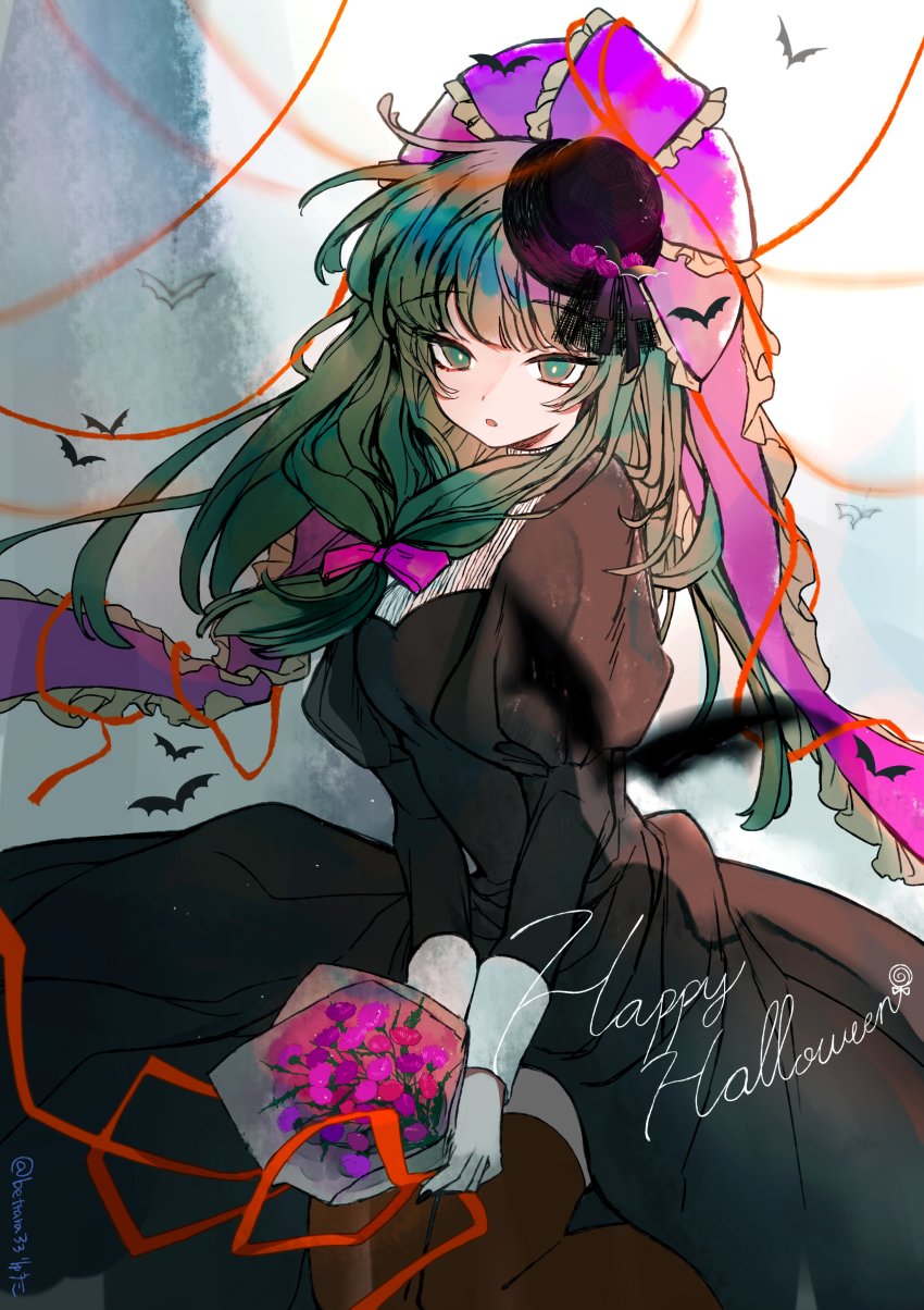 1girl, absurdres, bat_(animal), bat_wings, black_hat, bow, breasts, brown_dress, bucket, dress, english_text, flower, green_eyes, green_hair, grey_background, hair_bow, halloween, hat, hat_ribbon, highres, kagiyama_hina, long_hair, long_sleeves, looking_at_viewer, medium_breasts, mini_hat, open_mouth, pink_bow, pink_flower, puffy_sleeves, purple_ribbon, red_bow, red_flower, ribbon, ryuuta_(akatukiryoka), shadow, solo, touhou, white_background, wings