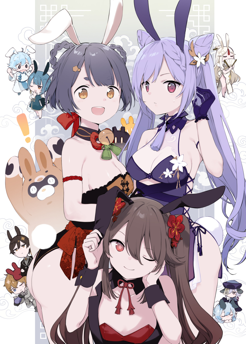 !, 4boys, 6+girls, ;), absurdres, animal_ears, ass, bare_shoulders, black_hair, braid, breasts, brown_hair, chibi, china_dress, chinese_clothes, chongyun_(genshin_impact), cleavage, closed_eyes, double_bun, dress, fake_animal_ears, flower, fujiyama, ganyu_(genshin_impact), genshin_impact, gloves, guoba_(genshin_impact), hair_bun, hair_flower, hair_ornament, half-closed_eyes, hand_fan, hat, highres, hu_tao_(genshin_impact), jiangshi, keqing_(genshin_impact), looking_at_viewer, medium_breasts, multiple_boys, multiple_girls, ningguang_(genshin_impact), one_eye_closed, open_mouth, panda, playboy_bunny, qiqi_(genshin_impact), rabbit_ears, red_eyes, short_hair, sleeveless, sleeveless_dress, slime_(genshin_impact), smile, star-shaped_pupils, star_(symbol), symbol-shaped_pupils, tartaglia_(genshin_impact), twin_braids, twintails, vest, wrist_cuffs, xiangling_(genshin_impact), xingqiu_(genshin_impact), yellow_eyes