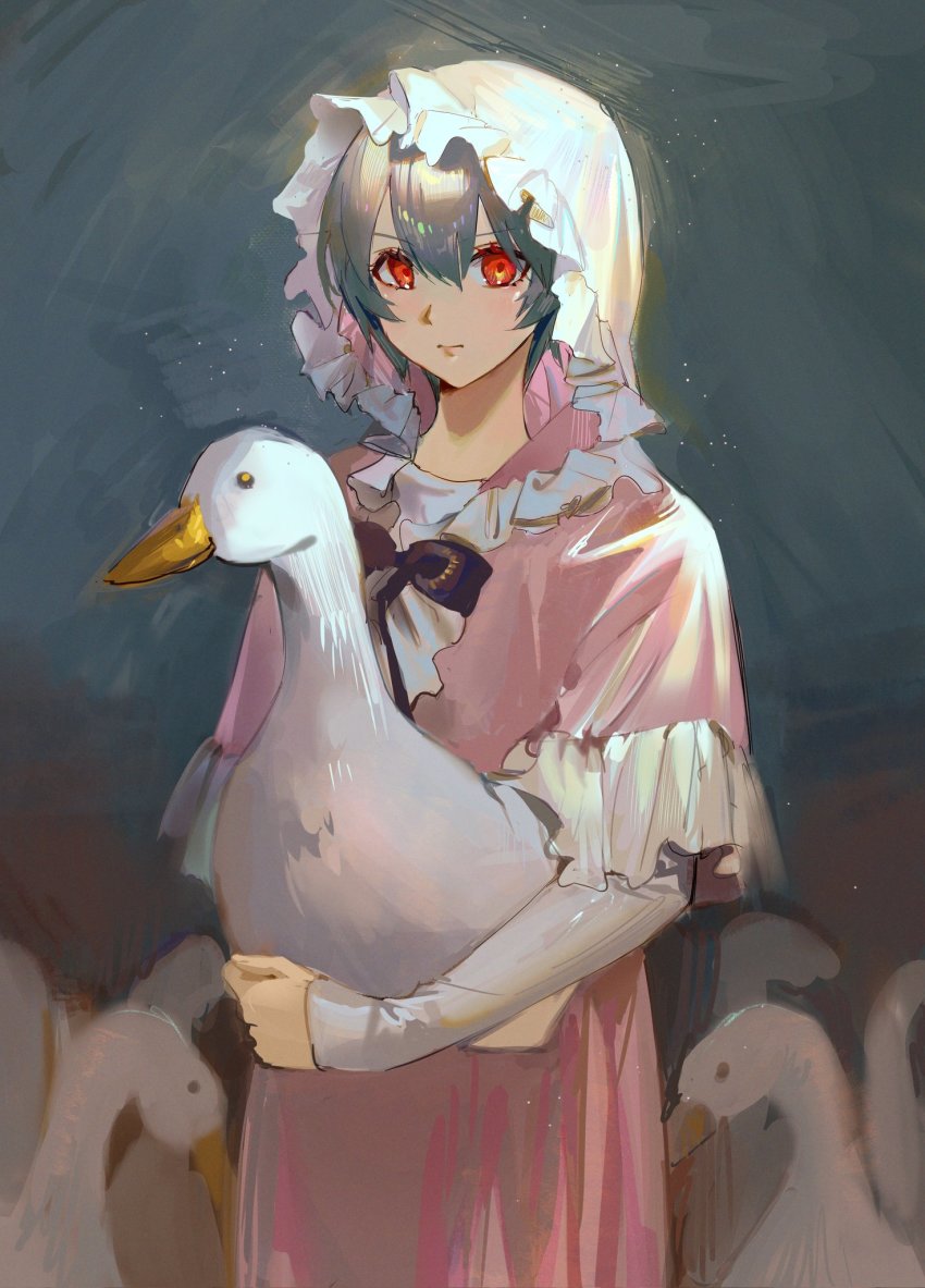 1girl, animal, bad_id, bad_twitter_id, bird, black_bow, black_bowtie, bow