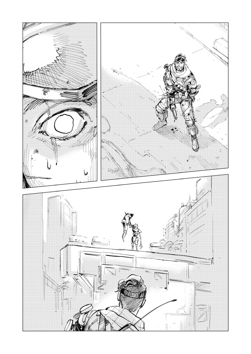 1girl, 2boys, absurdres, apex_legends, arm_blade, facial_hair, goatee, goggles