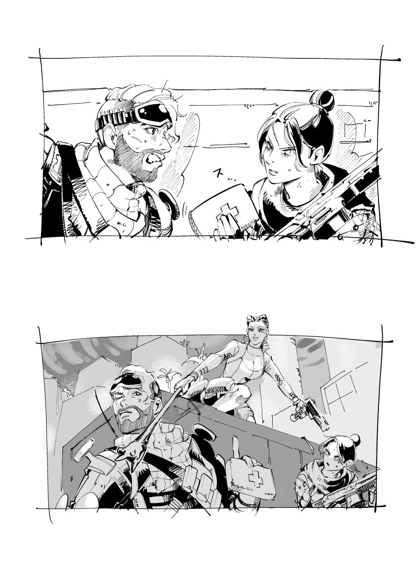 1boy, 2girls, absurdres, annoyed, apex_legends, assault_rifle, bodysuit, braid