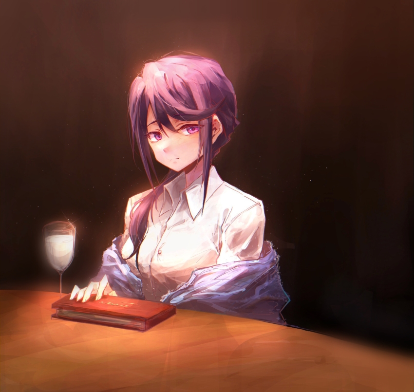 1girl, book, chinese_commentary, closed_mouth, collared_shirt, commentary_request, cup, dress_shirt