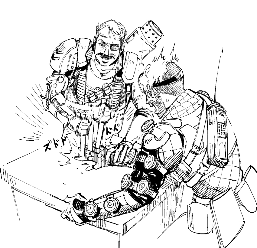 2boys, apex_legends, collarbone, facial_hair, fingerless_gloves, fuse_(apex_legends), gloves, goggles