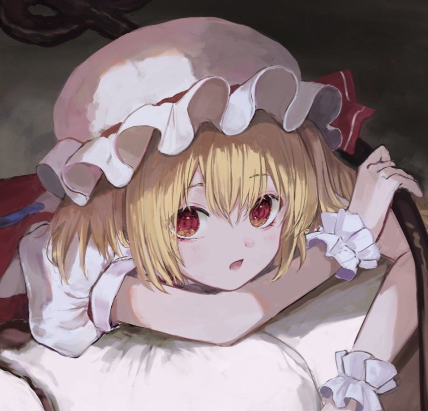 1girl, blonde_hair, flandre_scarlet, happiness_lilys, hat, hat_ribbon, highres, laevatein_(touhou)