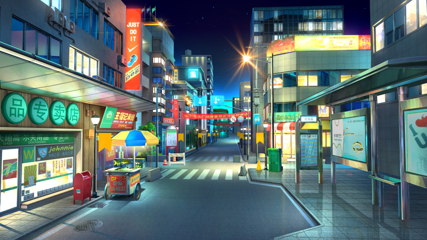 absurdres, banner, billboard, building, bus_stop, chinese_commentary, chinese_text, city