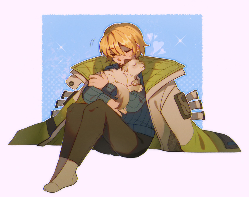 1girl, animal, apex_legends, black_pants, blonde_hair, blue_sweater, borrowed_clothes, cat