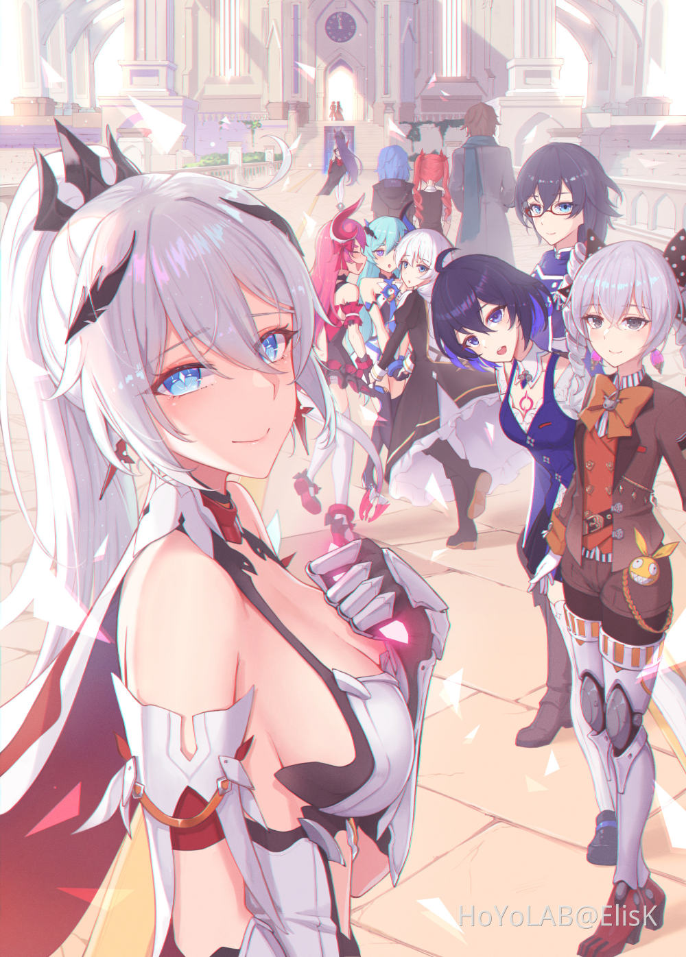 1boy, 6+girls, :d, armor, back, bare_shoulders, black_coat, black_dress