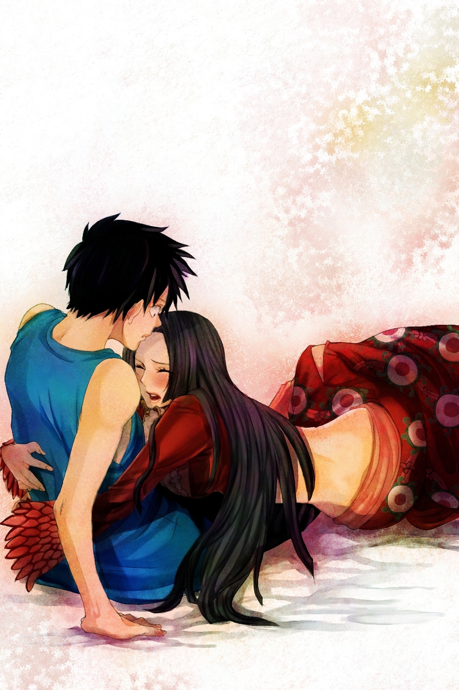 1boy, 1girl, amazon_lily, black_hair, blush, boa_hancock, closed_eyes, couple, hachiya_nanao, hetero, highres, hug, interstice, long_hair, monkey_d._luffy, one_piece