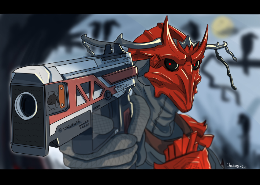 1other, absurdres, aiming, ambiguous_gender, apex_legends, artist_name, bird, black_bodysuit, black_gloves, bloodhound_(apex_legends), bodysuit, chinese_commentary, crow, gloves, gun, handgun, helmet, highres, holding, holding_gun, holding_weapon, jasonc_t, letterboxed, looking_to_the_side, mask, moon, pistol, portrait, re-45_auto, red_eyes, red_headwear, solo, the_intimidator_bloodhound, weapon
