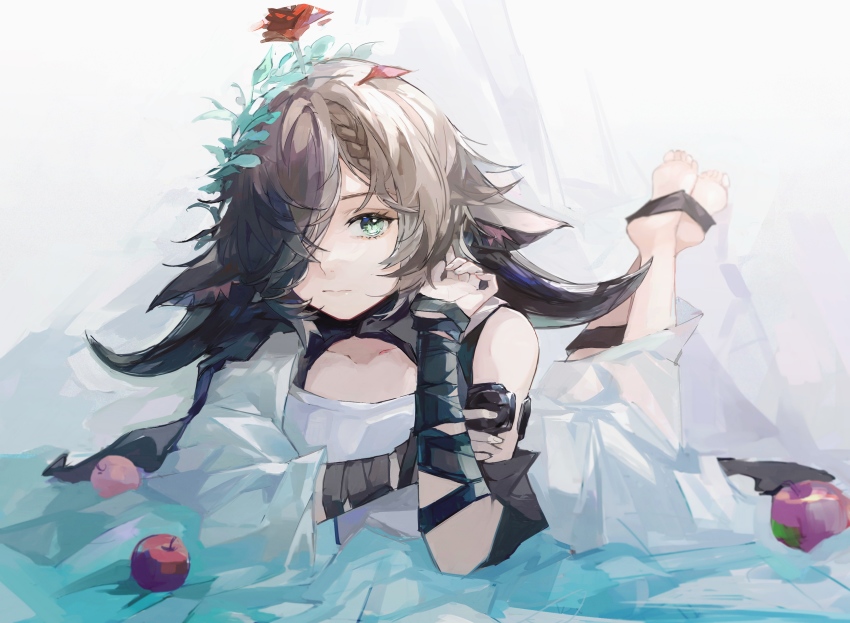 1girl, absurdres, animal_ears, apple, arknights, arm_wrap, braid, brown_hair