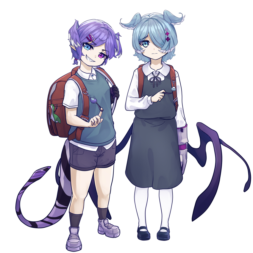 1am, 2girls, aged_down, among_us, apex_legends, backpack, bag, blue_eyes, blue_hair, blue_vest, collared_dress, collared_shirt, commentary, crewmate_(among_us), dragon_tail, dress, elira_pendora, english_commentary, gloves, grey_gloves, hair_ornament, hair_over_one_eye, hairclip, head_tilt, head_wings, heterochromia, highres, charm_(object), looking_at_viewer, low_wings, multiple_girls, nessie_(respawn), nijisanji, nijisanji_en, one_eye_covered, purple_eyes, purple_footwear, purple_shorts, selen_tatsuki, shirt, short_hair, shorts, siblings, single_glove, sisters, smile, tail, vest, virtual_youtuber, white_background, white_dress, white_shirt, wings
