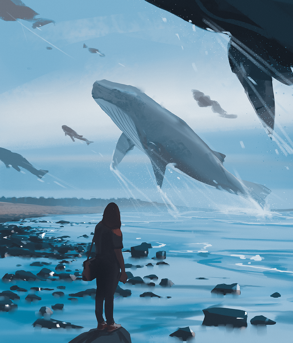 1girl, animal, beach, blue_sky, flying_whale, highres, ocean, original