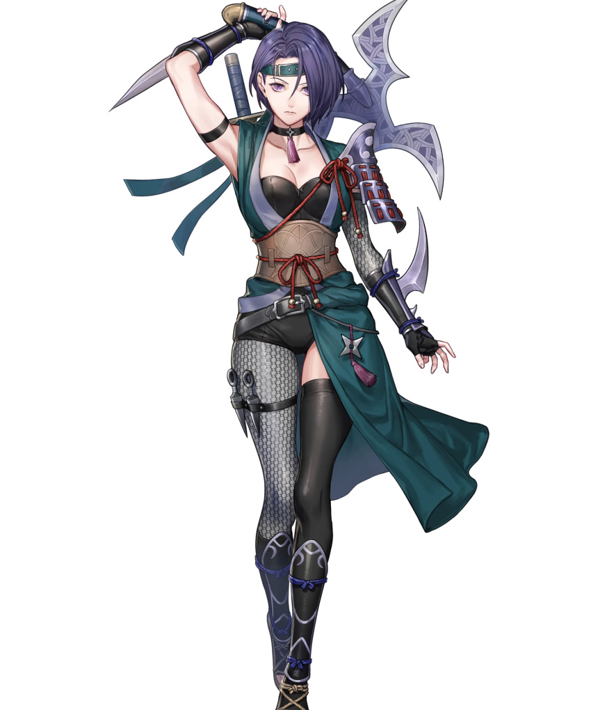 1girl, arm_blade, arm_guards, arm_up, armor, armpits, axe, battle_axe, belt, black_shorts, black_thighhighs, breasts, choker, cleavage, closed_mouth, collarbone, female_focus, fingerless_gloves, fire_emblem, fire_emblem:_three_houses, fire_emblem_heroes, fishnet_thighhighs, fishnets, full_body, gloves, headgear, highres, holding, holding_weapon, japanese_clothes, knife_belt, kunai, lips, looking_at_viewer, medium_breasts, ninja, nintendo, obi, official_alternate_costume, official_art, p-nekor, pantyhose, parted_bangs, purple_eyes, purple_hair, sandals, sash, shamir_nevrand, shamir_nevrand_(ninja), shiny_clothes, short_hair, shorts, shoulder_armor, sleeveless, solo, standing, sword, thighhighs, toes, transparent_background, weapon