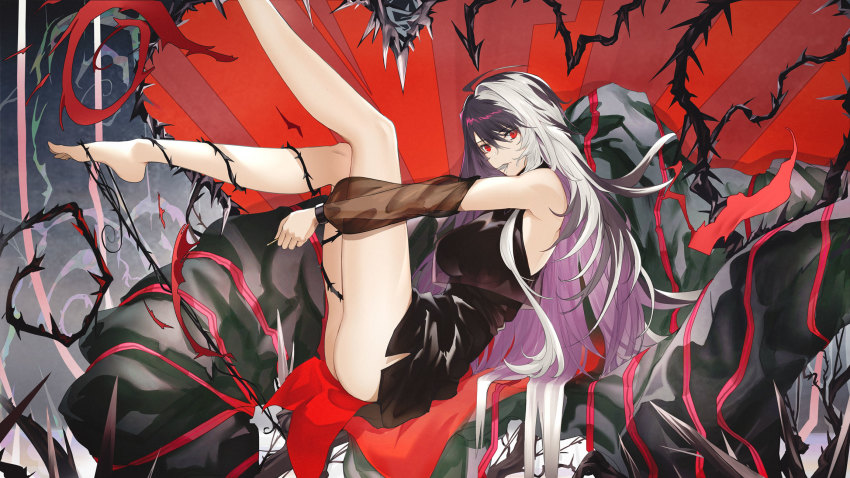 1girl, ahoge, alchemy_stars, bare_legs, barefoot, black_dress, black_hair, breasts