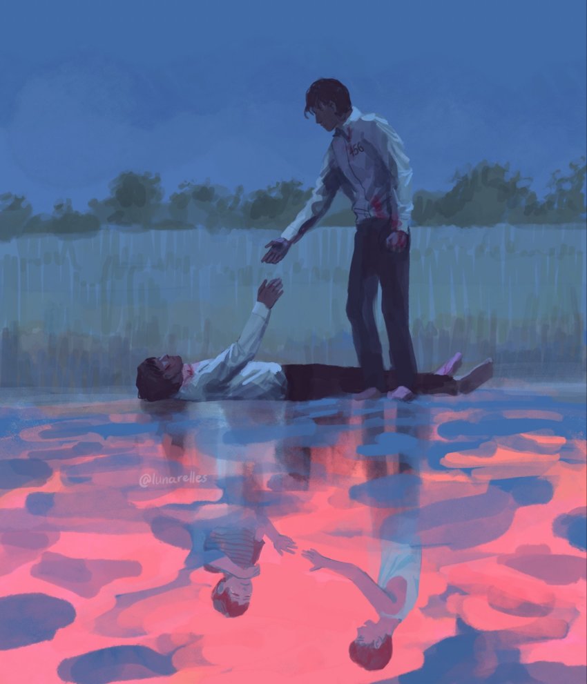 2boys, artist_name, barefoot, black_hair, black_legwear, black_pants, blood, blood_on_clothes