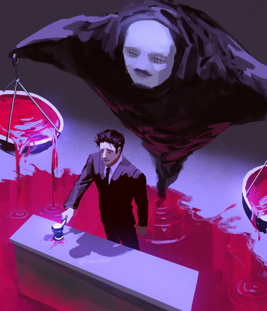 1boy, artist_name, black_hair, black_jacket, black_legwear, black_neckwear, black_pants, black_suit