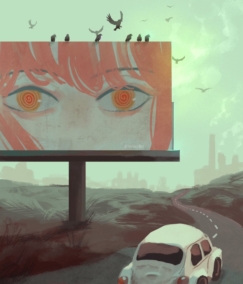 1girl, @_@, artist_name, billboard, bird, building, car, chainsaw_man