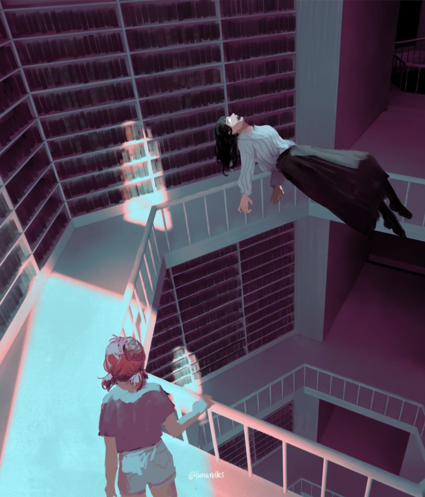 2girls, black_hair, book, bookshelf, brain, chainsaw_man, cosmo_(chainsaw_man), floating