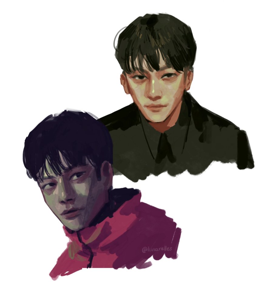 1boy, black_eyes, black_hair, eyebrows, hair_between_eyes, highres, hwang_jun-ho, lips, lunarelles, male_focus, pale_skin, short_hair, simple_background, solo, squid_game, white_background