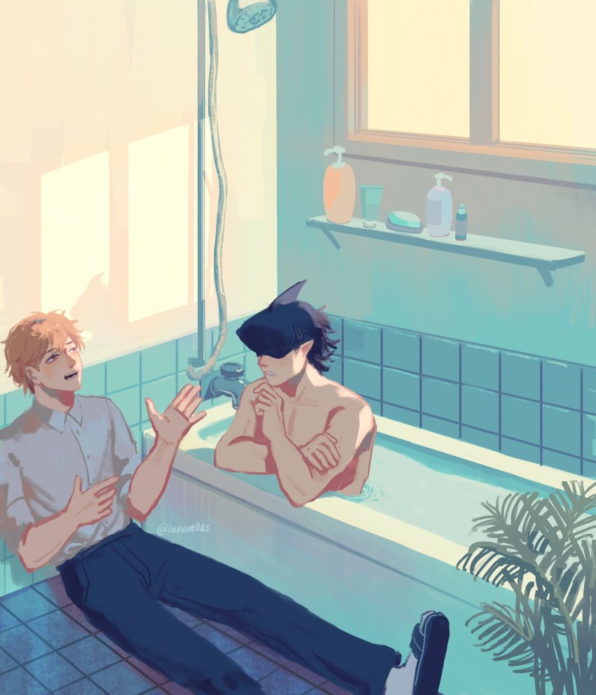 2boys, artist_name, bare_shoulders, bath, bathing, bathroom, bathtub, beam_(chainsaw_man)