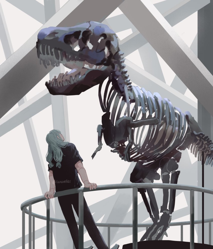 1boy, androgynous, artist_name, black_legwear, black_pants, black_shirt, dinosaur, fossil