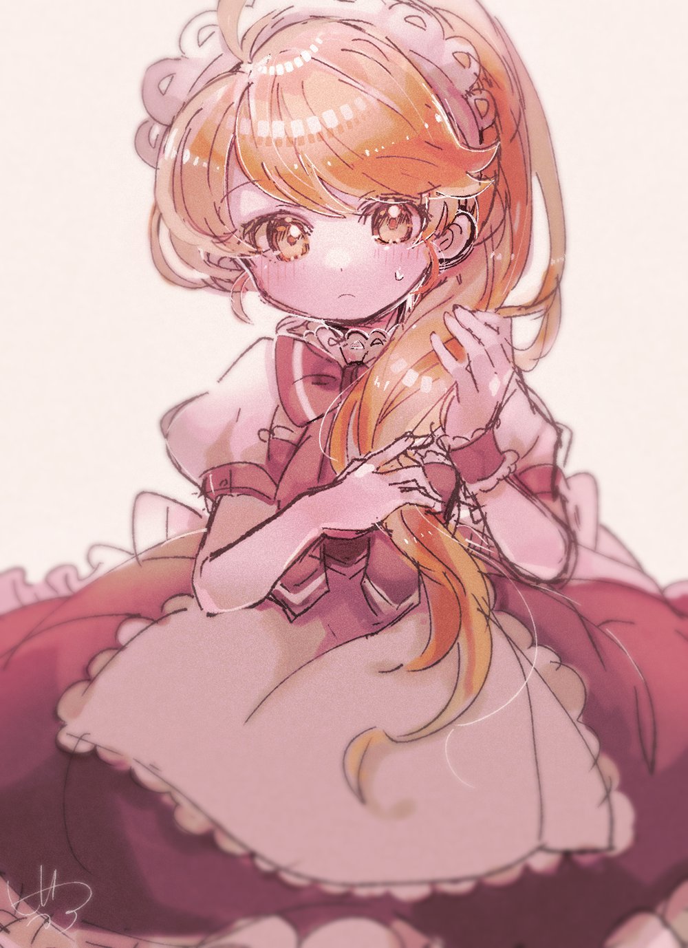 1girl, alternate_costume, apron, biko0205, blonde_hair, blush, closed_mouth, commentary_request, dress, enmaided, frills, frown, hands_up, highres, long_hair, looking_at_viewer, maid, maid_day, maid_headdress, nintendo, pokemon, pokemon_adventures, short_sleeves, signature, solo, sweatdrop, waist_apron, yellow_(pokemon), yellow_eyes