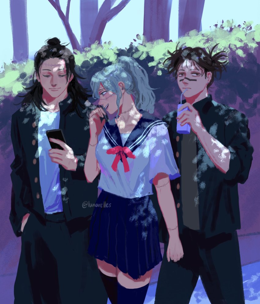 1girl, 2boys, black_hair, black_jacket, black_pants, blue_skirt, bush, cellphone, choso_(jujutsu_kaisen), closed_eyes, drink_carton, drinking_straw, gakuran, genderswap, genderswap_(mtf), geto_suguru, grey_hair, highres, jacket, juice_box, jujutsu_kaisen, kenjaku, leaf, long_sleeves, lunarelles, mahito_(jujutsu_kaisen), multiple_boys, outdoors, pale_skin, pants, phone, ponytail, red_neckwear, red_ribbon, ribbon, scar, scar_on_face, school_uniform, serafuku, shirt, short_sleeves, skirt, smartphone, stitched_face, stitches, thighhighs, three-quarter_sleeves, walking, white_shirt