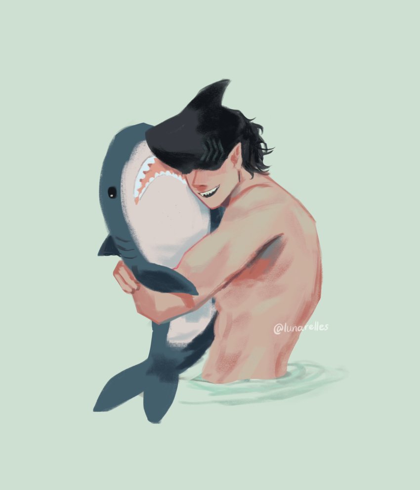 1boy, abs, artist_name, bare_arms, bare_shoulders, beam_(chainsaw_man), black_hair, chainsaw_man, dorsal_fin, gills, happy, highres, hug, lunarelles, male_focus, open_mouth, pale_skin, shark_boy, sharp_teeth, short_hair, smile, solo, solo_focus, stuffed_animal, stuffed_toy, teeth, topless_male, twitter_username, watermark