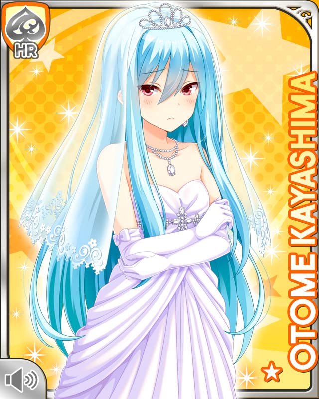 1girl, blue_hair, bow, card, character_name, closed_mouth, dress, girlfriend_(kari)