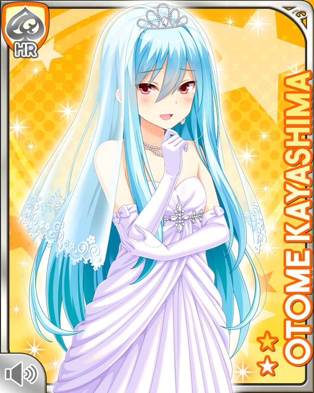 1girl, :d, blue_hair, bow, card, character_name, dress, girlfriend_(kari)