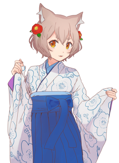 1boy, animal_ears, brown_eyes, brown_hair, cat_ears, crossdressing, crossdressing_(mtf), felix_argyle, flower, hair_flower, hair_ornament, japanese_clothes, re:zero_kara_hajimeru_isekai_seikatsu, ribbon, shake_sawa, short_hair, solo, trap, white_background, wide_sleeves