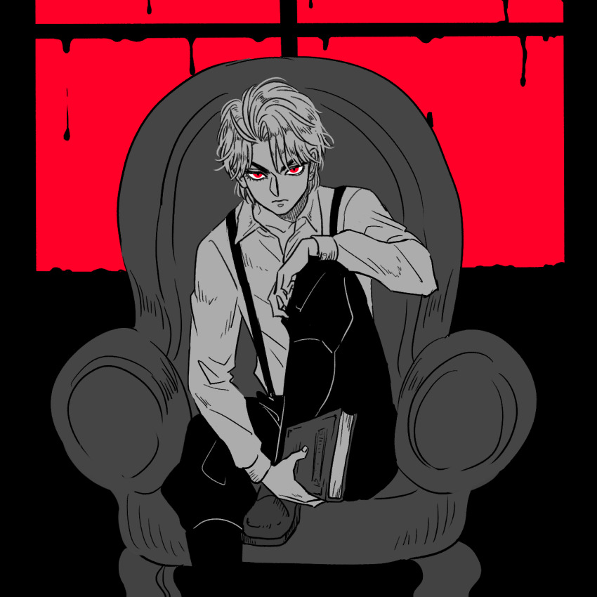 1boy, armchair, book, chair, dio_brando, highres, holding, holding_book