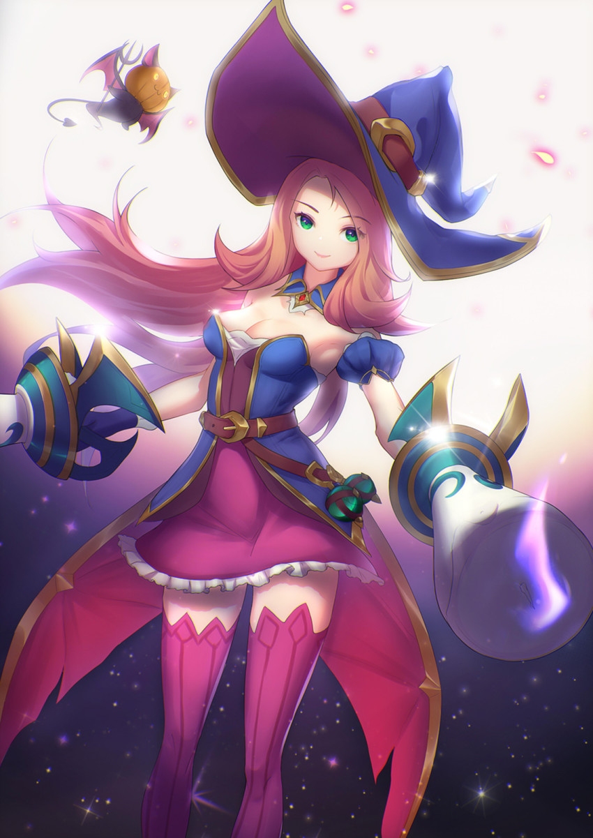 1girl, alternate_costume, bare_shoulders, bat_(animal), belt, bewitching_miss_fortune, breasts, brooch