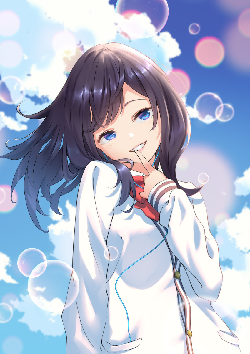 1girl, black_hair, bow, bubble, day, earbuds, earphones, finger_to_mouth