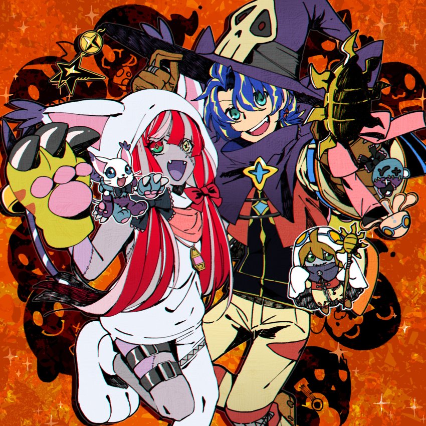 1boy, 1girl, absurdres, aioka_(aichiu_kuchiu), animal_hands, animal_hood, aqua_eyes, astel_leda