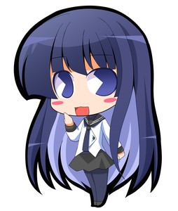 00s, 1girl, blue_hair, blunt_bangs, chibi, female_focus, hime_cut, kampfer, long_hair, lowres, multicolored_hair, pac-man_eyes, pantyhose, purple_eyes, sangou_shizuku, school_uniform, solo, suntail