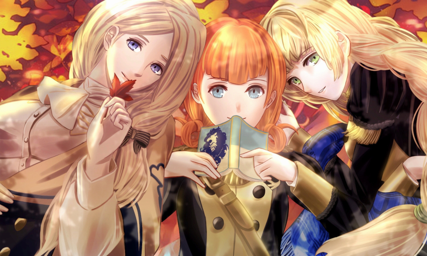 3girls, annette_fantine_dominic, autumn_leaves, beige_capelet, black_jacket, blonde_hair, blue_eyes, book