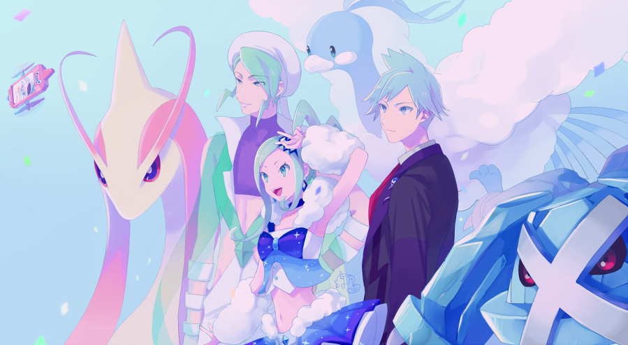1girl, 2boys, :d, altaria, arm_warmers, closed_mouth, confetti, gen_3_pokemon
