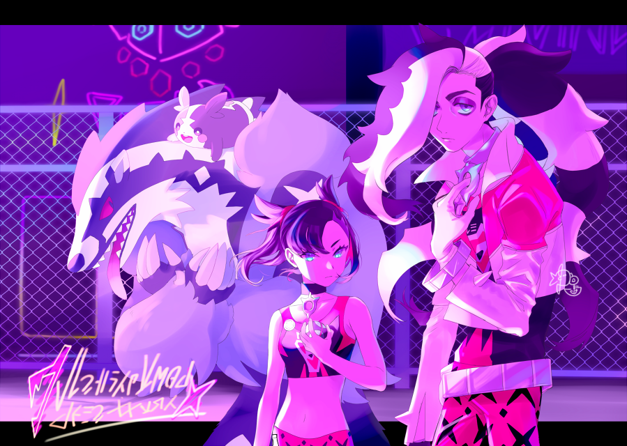 1boy, 1girl, asymmetrical_bangs, bare_arms, belt, bike_shorts, black_choker, black_hair