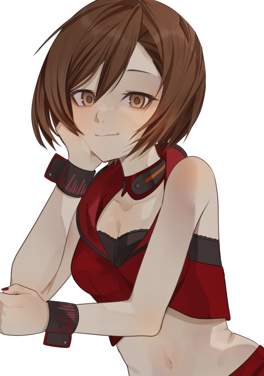 1girl, arm_support, black_bra, bra, brown_eyes, brown_hair, cheek_rest, choker
