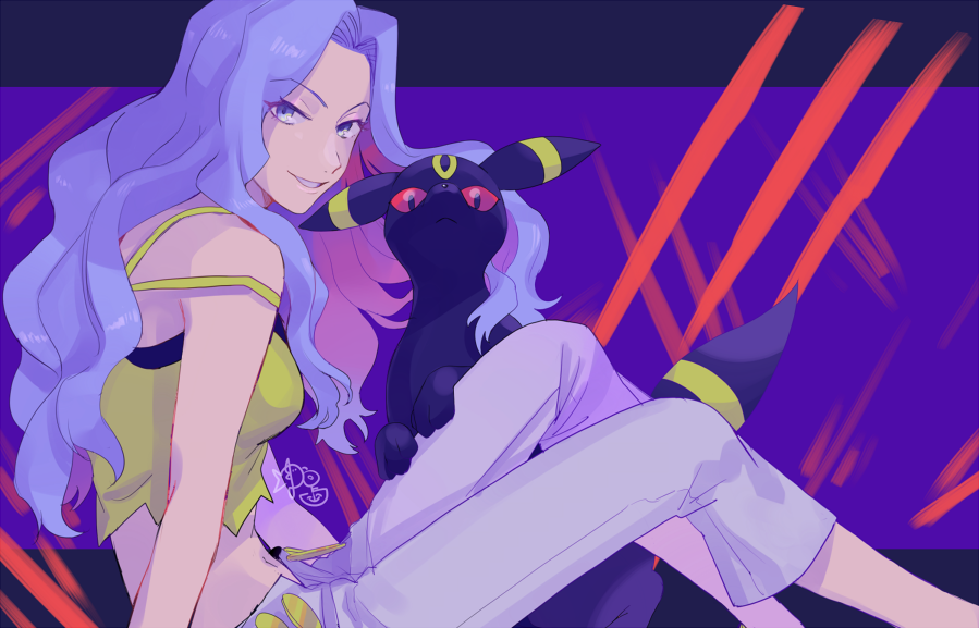 1girl, arm_support, capri_pants, eyelashes, from_side, gen_2_pokemon, grey_eyes, grey_pants