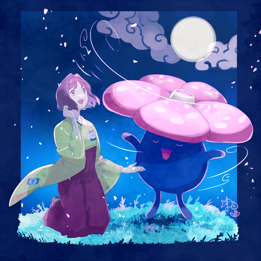 1girl, :d, cloud, erika_(pokemon), eyelashes, gen_1_pokemon, grass, hairband, hakama, japanese_clothes, kimono, kneeling, long_sleeves, looking_up, moon, night, nintendo, open_mouth, outdoors, poke_ball_print, pokemon, pokemon_(creature), pokemon_firered_and_leafgreen, purple_hakama, short_hair, smile, teeth, tongue, upper_teeth_only, vileplume, wide_sleeves, wind, yellow_kimono, yu_(xcapriccioso)