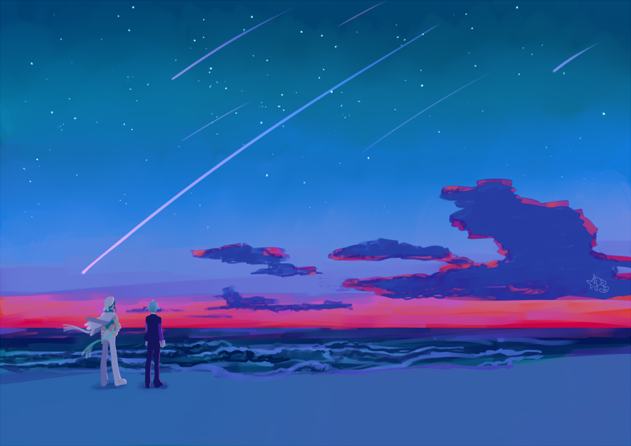 2boys, capelet, cloud, green_hair, hat, jacket, male_focus, multiple_boys