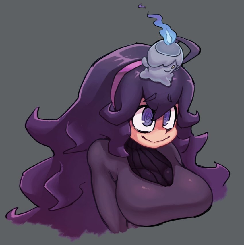 1girl, @_@, blue_fire, breasts, closed_mouth, commentary, dress, female_focus, fire, gen_5_pokemon, grey_background, hair_between_eyes, hairband, hex_maniac_(pokemon), hex_maniac_(pokemon_xy), highres, kurt_robinson, litwick, long_hair, looking_up, matching_hair/eyes, messy_hair, nintendo, object_on_head, on_head, pokemon, pokemon_(creature), pokemon_on_head, pokemon_x_and_y, purple_eyes, purple_hair, purple_hairband, raised_eyebrows, simple_background, smile, upper_body